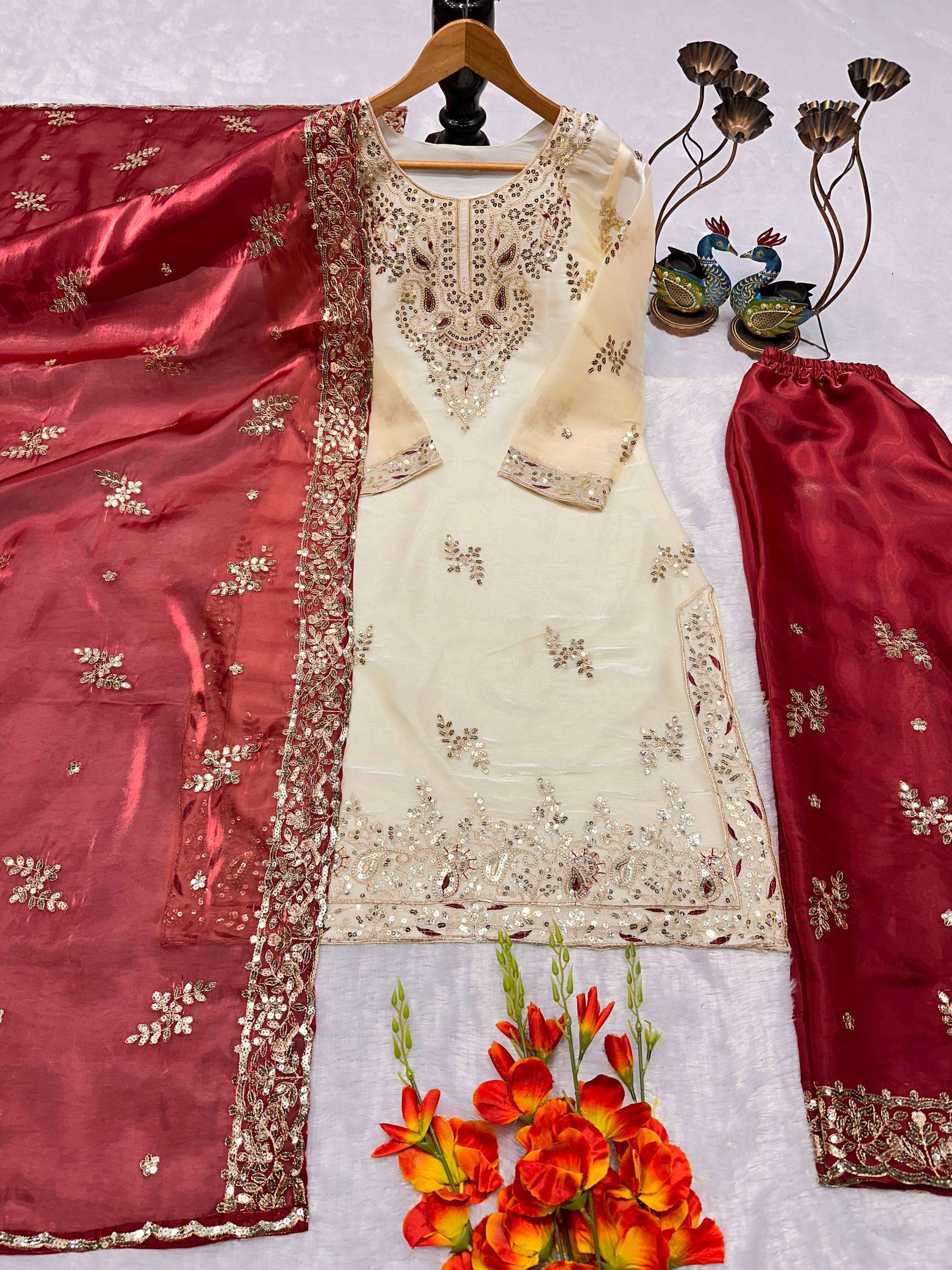 Regal Pearl & Burgundy Palazzo Couture
